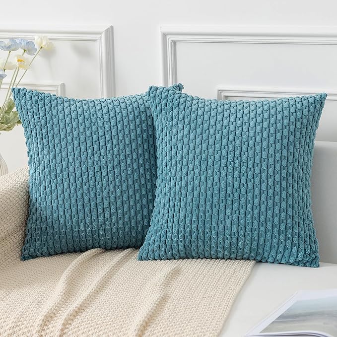 Kevin Textile Throw Pillow Covers Soft Corduroy Decorative Set of 2 Boho Striped Pillow Covers Pillowcases Farmhouse Home Decor for Couch Bed Sofa Living Room 16x16 Inch Light Blue