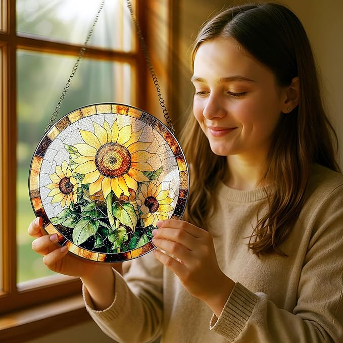 Sunflower Stained Glass Suncatcher, Stained Glass Window Hanging, 8 Inch Sunflower Suncatcher, Sunflower Glass Window Decor, Christmas, Mother's Day, Birthday, Gifts for Mom, Grandma Gift