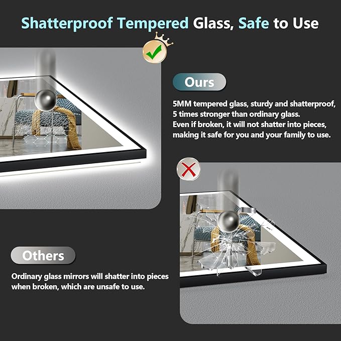 24x36 Black Framed LED Bathroom Mirror with Lights, Backlit and Front Lit, Anti-Fog Lighted Vanity Mirrors for Bathroom Wall, Dimmable, 3-Color Light, Memory, Shatter-Proof, HD Tempered Glass