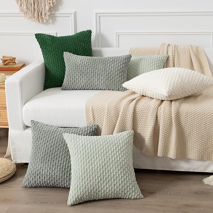 Kevin Textile Throw Pillow Covers Soft Corduroy Decorative Set of 2 Boho Striped Pillow Covers Pillowcases Farmhouse Home Decor for Couch Bed Sofa Living Room 18x18 Inch Greyish Green