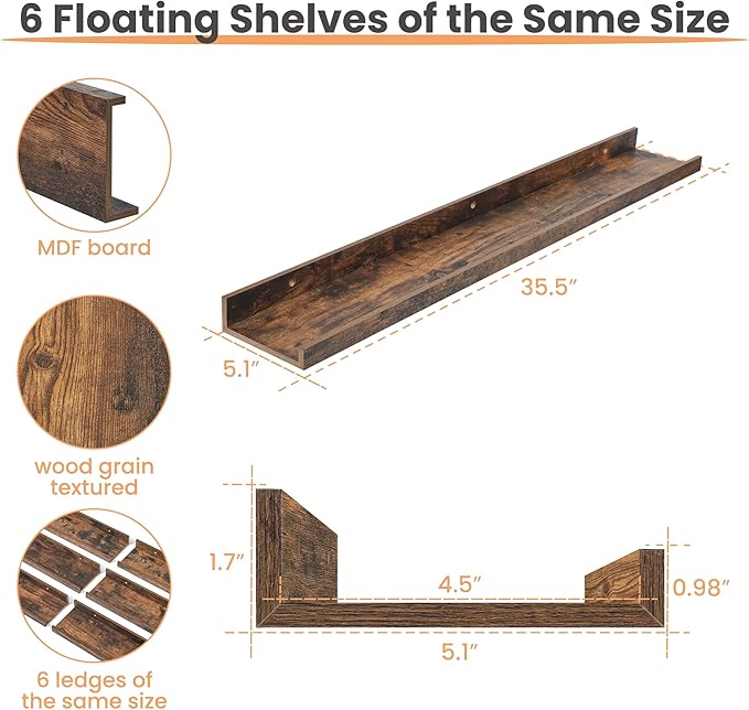 upsimples Floating Shelves for Wall, 35.5 Inch Shelves for Decor Storage Set of 6, Wall Mounted Wood Shelf for Bedroom, Living Room, Bathroom, Kitchen, Long Picture Ledge Shelves, Brown