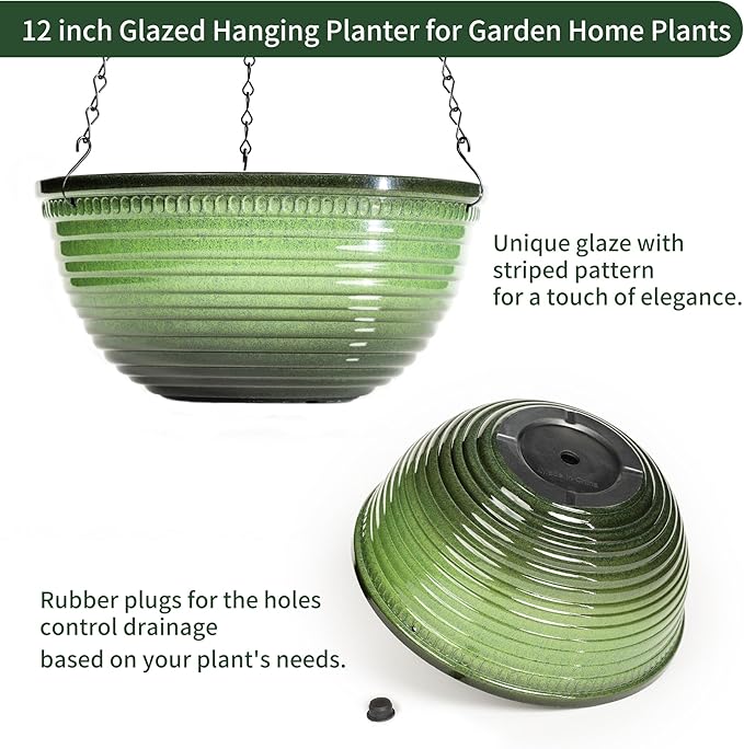 12 inch Hanging Planters for Indoor Outdoor Plants, 2 Pack Large Hanging Flower Pots with Drainage Holes and Chain, Glazed Hanging Baskets for Home Garden Decoration, Green
