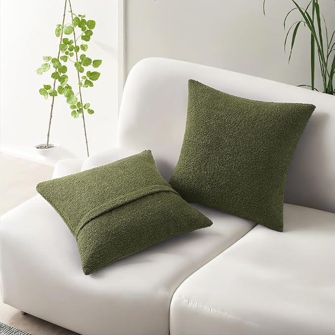 HAUSSY Set of 2 16x16 Decorative Throw Pillow Covers, Soft Cozy Textured Boucle Couch Cases, Home Decor for Couch Bed Living Room, Moss Green