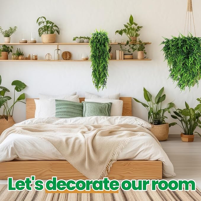 Geosar 96 Pcs Artificial Hanging Plants 32 Inch Hanging Boston Ferns Plastic Fake Plants for Wall Room Garden Wedding Garland Indoor Outdoor Decoration, No Basket