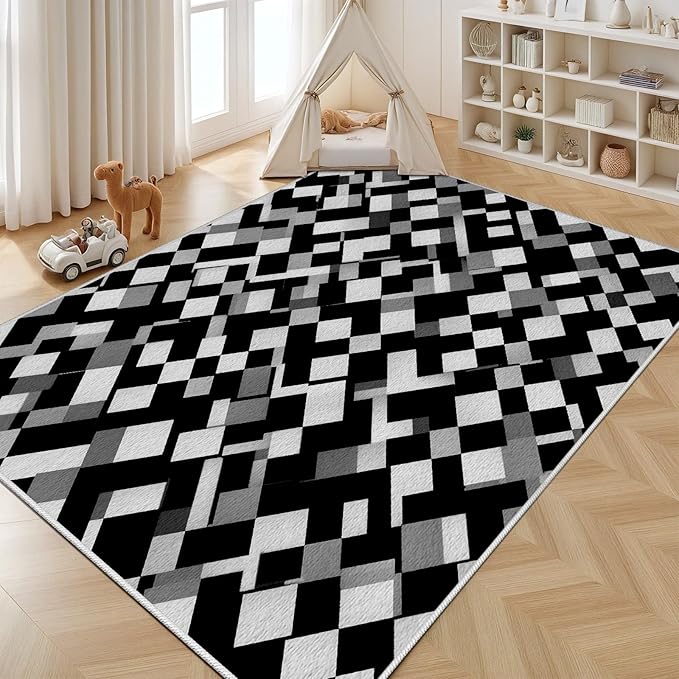 Black White and Grey Rug - Geometric Area Rug, Area Rugs 3x5, Modern Abstract Rugs, Irregular Block Splicing Carpet Washable Non Slip Home Decor Carpet for Living Room