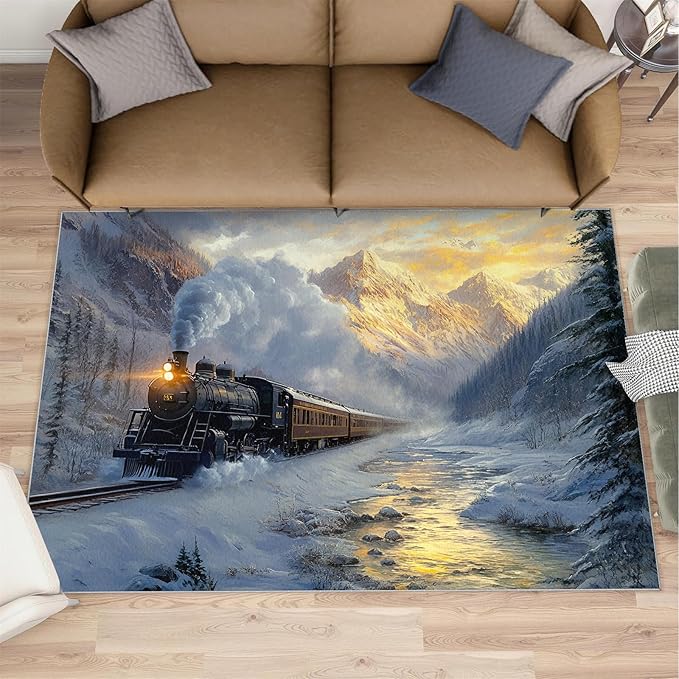Train 5x6 Area Rugs,Forest and Mountains Bedroom Rug Winter Landscape Non-Slip Washable Rug for Living Room Nursery Kitchen Low-Pile Carpet