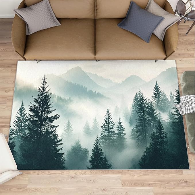 Misty Forest 4x6 Area Rug Natural Landscape Washable Rugs for Living Room Bedroom, Green Woods Soft Low Pile Non Slip Accent Floor Mat Print Throw Rug Indoor Carpet Dining Room Playroom