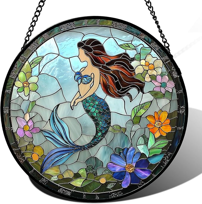 Stained Glass Window Hanging - Light Blue Mermaid Suncatcher for Door Terrace Garden Home Decor, Ocean Flowers Sun Catcher Birthday Gifts for Lovers Women Men Dad Mom Nana 15 in