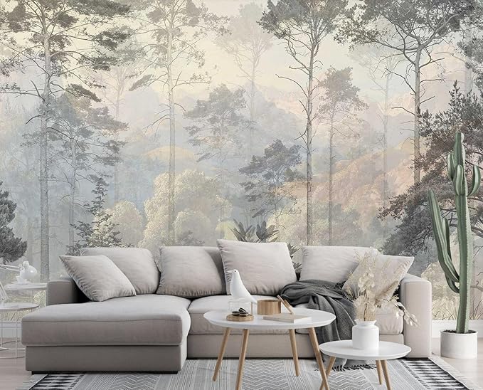 Hazy Forest Wall Mural, Abstract Nature Landscape Wallpaper, Background Wall Decoration Patterns（Non-self-Adhesive）