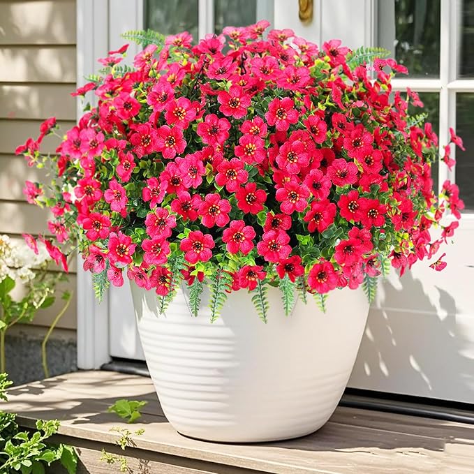 Artificial Faux Plants Flowers Outdoor Decoration,16 Bundles Fake Silk Colorful Daisy Eucalyptus Realistic UV Resistant for Outside Home Planter Porch Patio Yard Decor (Red)