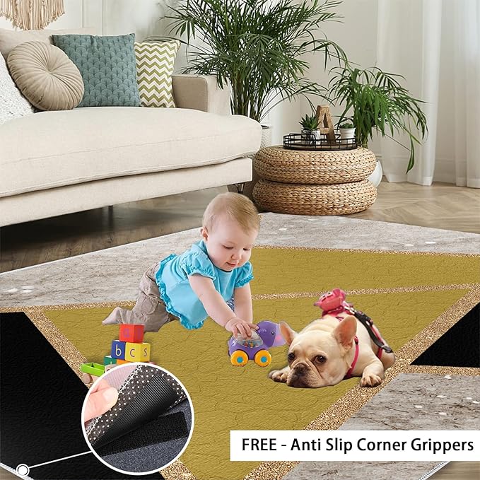 Geometric Marble Area Rugs for Living Room Black Gold Marble Rug Triangular Geometric Carpet Modern Minimalist Door Mat for Bedroom Hardwood Floors 6x9ft