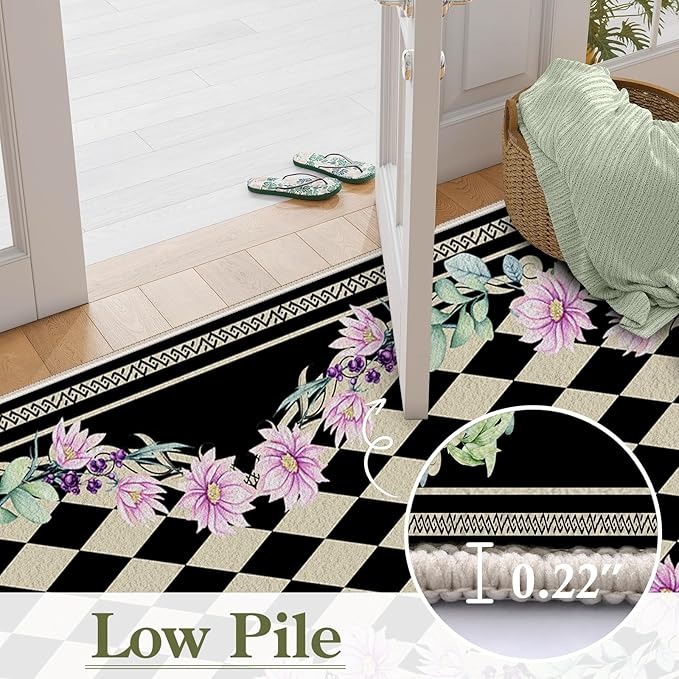 Vintage Farmhouse Checkered Hallway Carpet, 4x12ft, Elegant Floral Flower Checkerboard Indoor Throw Rugs, Absorbent Washable Foldable No Crease High Traffic Mat for Laundryroom Floor