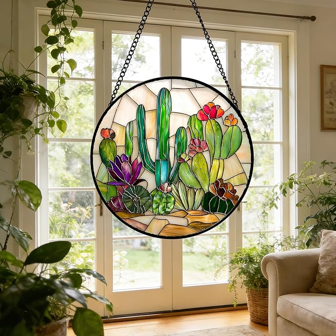 DASTOLL Stained Glass Window Hanging, White Green Cactus Suncatcher Diamond Glass Panel Hangings Sun Catchers Decor for Birthday for Women, Men, Wife, Aunt, and Mom 6.3 in