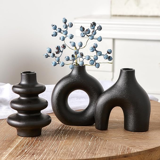 Black Ceramic Vase Set of 3, Small Flower Vases for Pampas Grass, Modern Boho Vase for Decor, Round Black Vases Centerpieces for Wedding Living Room Bedroom Coffee Table Entryway