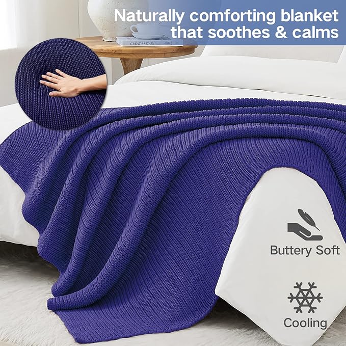 Guohaoi Knitted Weighted Blanket for Adults (Blue 48"x72" 20lbs) No Beads Cooling Throw Blanket for Hot Sleepers, Home Decor Breathable Chunky Knit Heavy Blanket Use on Full Size Bed