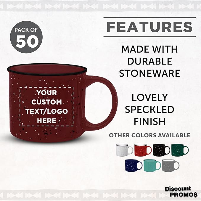 DISCOUNT PROMOS Custom Ceramic Campfire Coffee Mugs 13 oz. Set of 50, Personalized Bulk Pack - Perfect for Tea, Espresso, Cappuccino, Hot Cocoa - Maroon