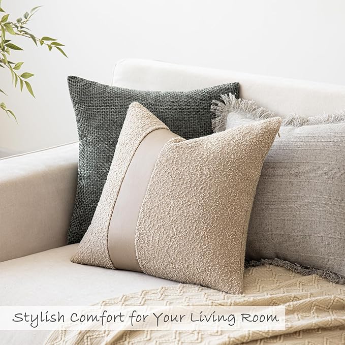 18"x18" Oatmeal Boucle Throw Pillow Covers with Faux Leather Accents Set of 2 Fluffy Textured Decorative Pillow Cases for Couch Bed Boho Farmhouse Square Cushion Covers for Nordic Home Décor