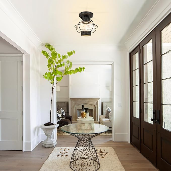 Porch Ceiling Light Fixture, Outdoor Flush Mount Ceiling Light with Glass Globe Shade, E26 Standard Base Industrial Farmhouse Lamp for Hallway Bedroom Balcony Porch Stairway
