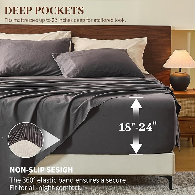 MEISHANG 100% French Pure Linen Sheets Cal King Size - 6 PC Extra Deep Pocket Sheet Set, Soft Durable Flax Linen, Anti-Tear Breathable & Oeko-Tex Certified 18-24 Deep Pocket,All Season(Dark Grey)