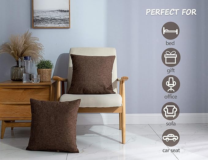 Stellhome Fall Burlap Throw Pillow Covers Square Solid Farmhouse Linen Cushion Covers for Bed Couch Sofa Bench, 26 x 26 inch (65 cm), Brown, Set of 2
