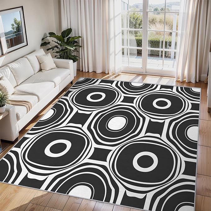 Black and White Geometric Rugs for Home Decor, 5x8 ft, Ring Circle Area Rugs for Living Room, Soft Non Slip Washable Modern Abstract Carpet Bedroom Decorations Dt-Ghf-31