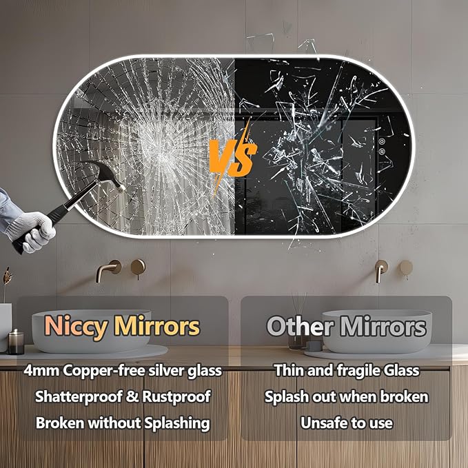 Niccy Oval LED Bathroom Vanity Mirror, 48"x24" Front lit Mirror with Light, Smart Anti-Fog Waterproof Mirror with Memory Function Dimmable Lighted Mirror