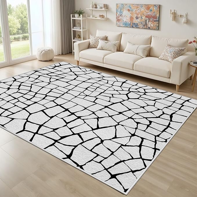Black and White Area Rug, Abstract Rug, Contemporary Minimalist Rugs, Geometric Cracks Area Rugs, Modern Geometric Carpet for Living Room, Washable Non Slip Home Decor Mat 7x9