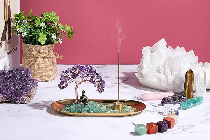 Jovivi Crystal Incense Holder for Sticks, Amethyst Healing Crystal Stone Money Tree Buddha Statue Set Incense Burner, Incense Trays for Wealth, Good Luck,Yoga Meditation Home Decor