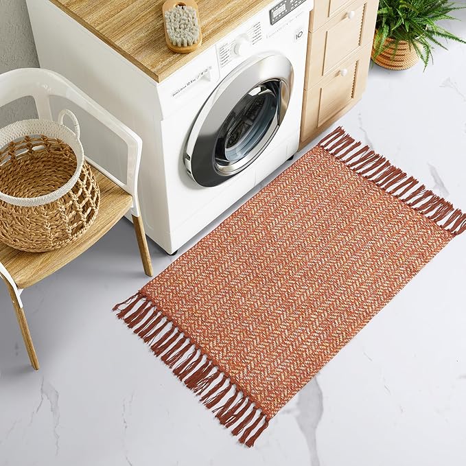 Lahome Boho Fall Kitchen Rug, 2x3 Bathroom Rug Lightweight Indoor Door Mats for Entryway Small Cotton Area Rug with Tassels, Farmhouse Washable Throw Rugs Low Pile Carpet for Bedroom