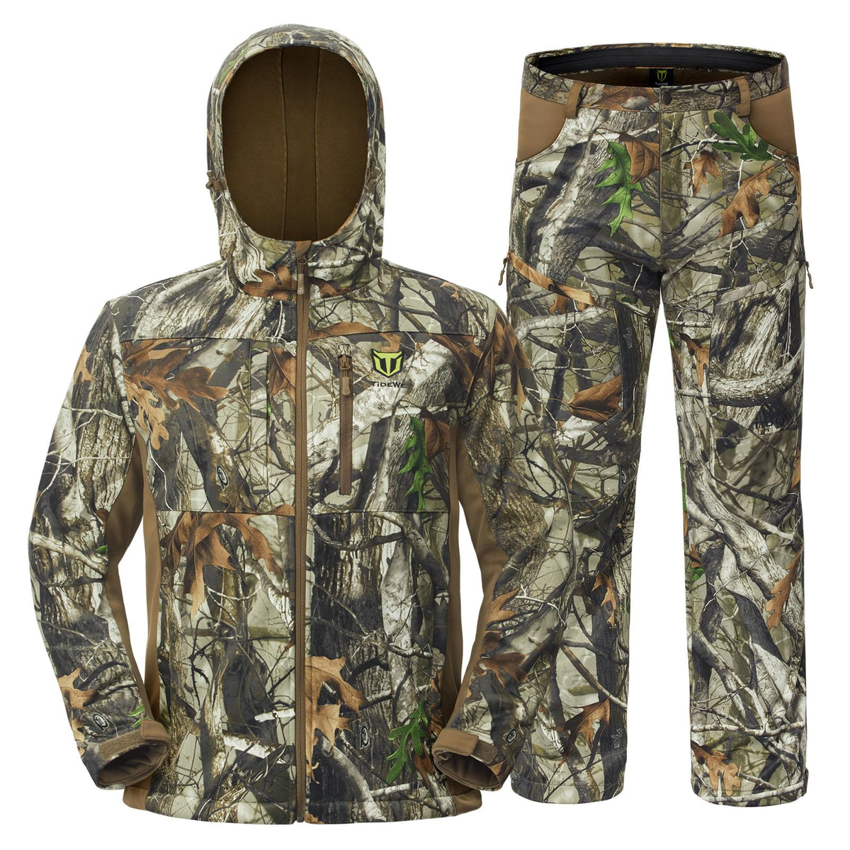 TIDEWE Hunting Clothes for Men with Fleece Lining, Safety Strap Compatible Water Resistant Silent Jacket and Pants, Hunting Suit for Climbing Hiking Trekking Camping (Next Camo G2 Size XL)