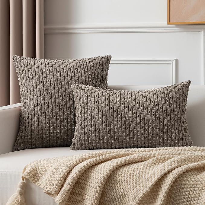 Kevin Textile Pack of 2 Corduroy Decorative Throw Pillow Covers 22x22 Inch Soft Boho Striped Pillow Covers Modern Farmhouse Home Decor for Spring Sofa Living Room Couch Bed Light Brown