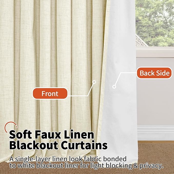 Lajode Cream 100% Blackout Curtains for Living Room 72 Inch Length 2 Panels Set, Thermal Insulated Light Blocking Faux Linen Curtains for Bedroom, Bronze Grommet Boho Window Drape Each 52" Wide