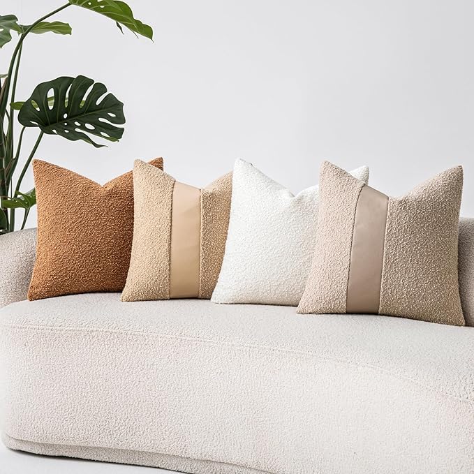 20"x20" Khaki Boucle Throw Pillow Covers with Faux Leather Accents Set of 2 Fluffy Textured Decorative Pillow Cases for Couch Bed Boho Farmhouse Square Cushion Covers for Nordic Home Décor