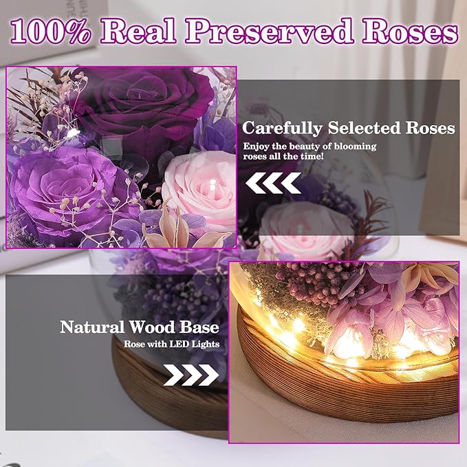 FIACO Gifts for Mom Women Birthday Preserved Flowers in Glass Dome Forever Fresh Flowers for Delivery Prime Long-Lasting Eternal Roses Gifts for Grandma Sister Daughter Wife Her Girlfriend Purple