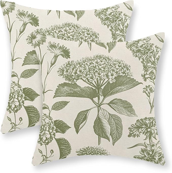 Sage Green Pillow Covers 16x16 Set of 2 Boho Floral Hydrangea Herbs Botanical Throw Pillow Cover Outdoor Decoration Pillow Cases Vintage Flower Linen Cushion Case Decorative for Couch Sofa