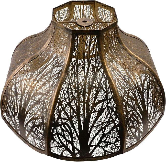 ALUCSET Octagonal Large Lampshade, Lotus Shaped Etched Forest Metal Lamp Shade Replacement for Table and Floor Light Cover, Antique Bronze and Gold, 6" Top x 17" Bottom x 11" High Large Lampshades