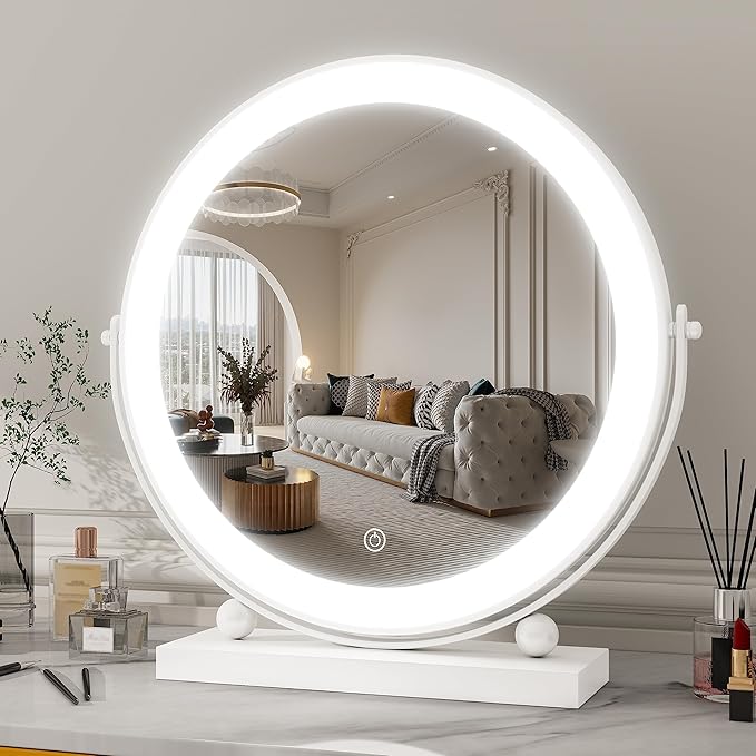 ROLOVE 13 Inch Vanity Mirror with Lights, Round Make Up Mirror with Lighting, LED Mirror Makeup Mirror with Lights for Bedroom Tabletop, Smart Touch Control, 360° Rotation (White)