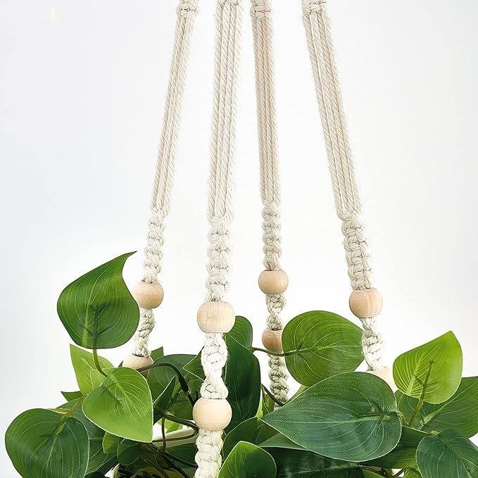 Mkono Fake Hanging Plant with Pot, Artificial Plants for Home Decor Indoor Macrame Plant Hanger with Fake Vines Greenery for Bedroom Bathroom Kitchen Office Decor, Ivory (Pothos)