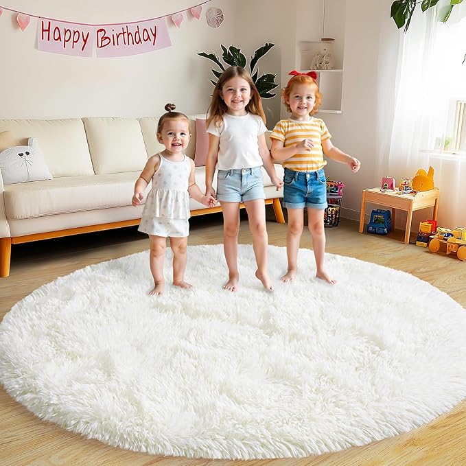 Round Fluffy Rugs 6Ft for Girls Bedroom, Cream White Shag Circle Kids Rug Non-Slip for Bedside Dorm Nursery Playroom, Soft Cute Area Rugs for Living Room Decor