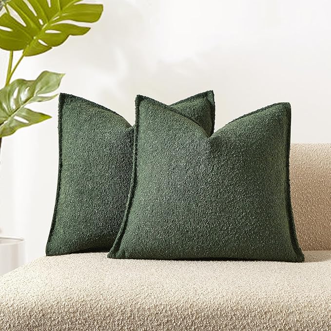 JUSPURBET Green Decorative Pillow Covers 20x20 Set of 2 Throw Pillow Covers for Couch Sofa Bed Cozy Boucle Textured Cushion Covers Cases with Hidden Zipper for Living Room Home Decor