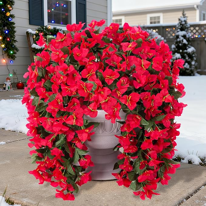 Faux Bougainvillea Artificial Flowers Plants for Outdoor Outside Decoration, 2 PCS Red Fake Flowers UV Resistant Look Real Silk Long Trailing Vines for Front Door Porch Planter Urn Patio Garden Yard