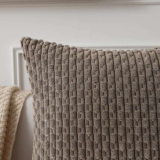 Kevin Textile Pack of 2 Corduroy Decorative Throw Pillow Covers 18x18 Inch Soft Boho Striped Pillow Covers Modern Farmhouse Home Decor for Spring Sofa Living Room Couch Bed Light Brown