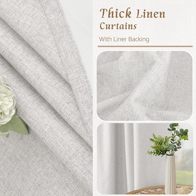 LAMIT 100% Blackout Short Linen Curtains, 48 Inch Length Linen Textured Thermal Curtains Back Tab and Rod Pocket Neutral Panels with White Liner for Small Window, 2 Panels, 42 x 48 Inch, Light Grey