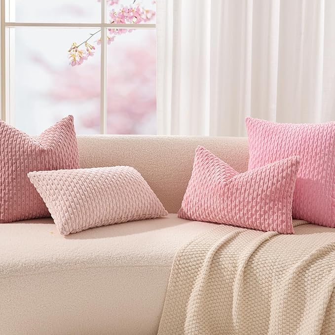 Kevin Textile Valentines Day Decorative Pillow Covers Set of 2 Striped Plush Corduroy Pillows Pillowcases Boho Home Decor Cushion Covers for Couch Sofa Bed Living Room 22x22 Inch, Dark Pink