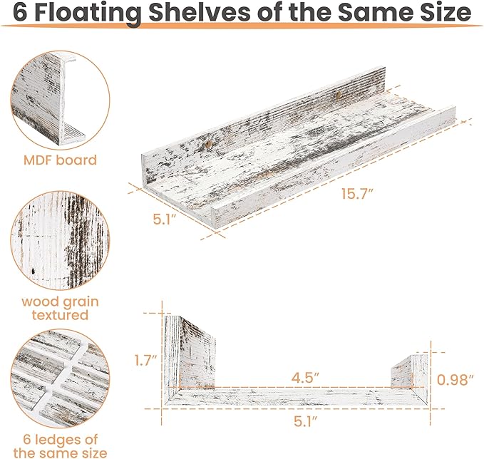 upsimples Floating Shelves for Wall, Wall Shelves for Decor Storage Set of 6, Wall Mounted Wood Shelf for Bedroom, Living Room, Bathroom, Kitchen, Picture Ledge Shelf, Rustic White