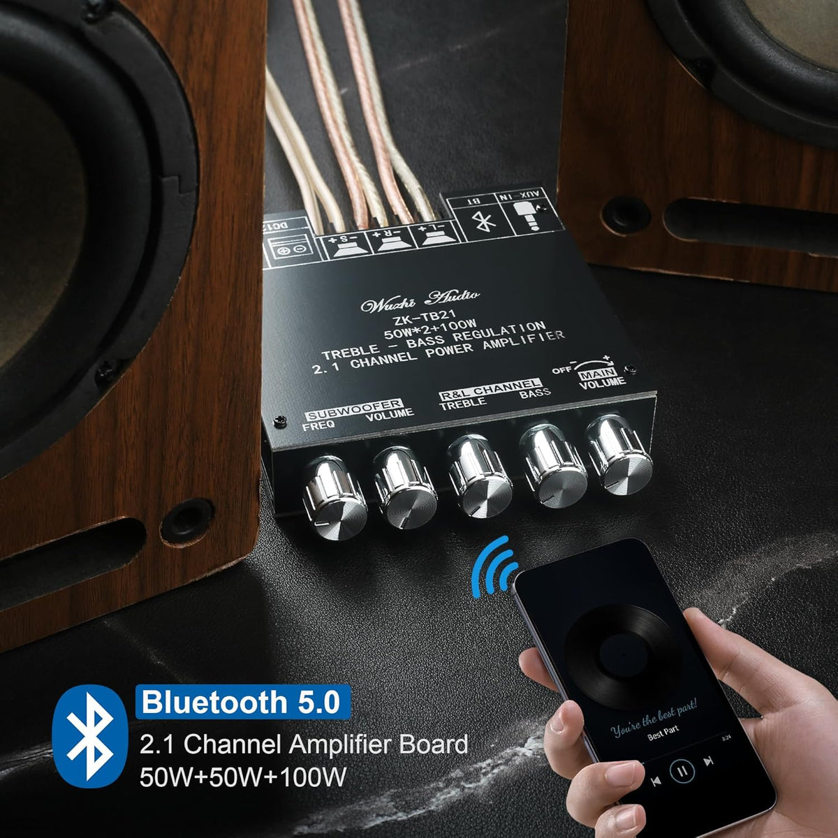 Wuzhi Audio ZK-TB21 50W+50W+100W 2.1CH 5.0 (ZK-TB21) Bluetooth Subwoofer Amplifier Board Bass/Treble Control, AUX/USB