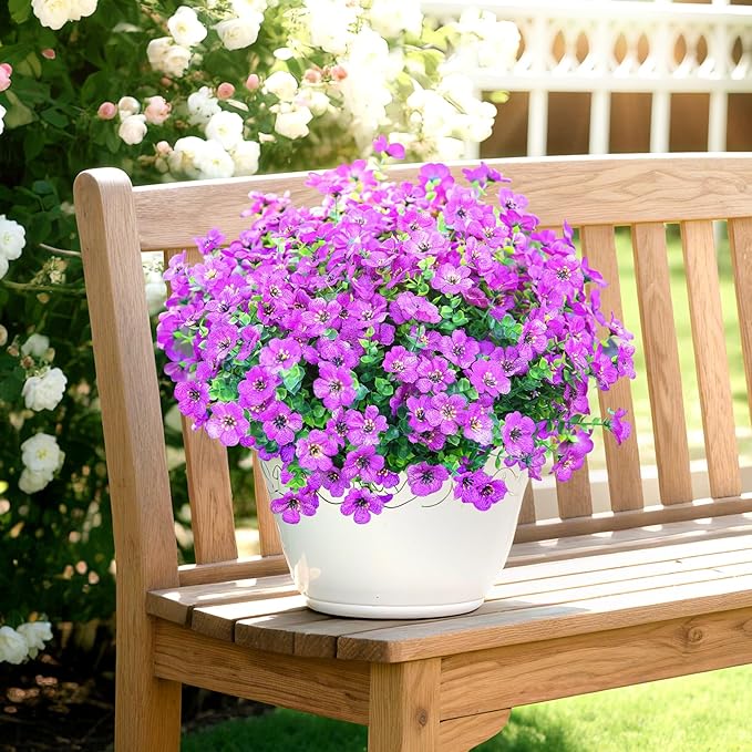 Artificial Flowers for Outdoors,Faux Flowers Daisy with Eucalyptus Leaves for Indoor Garden Home Decoration,UV Resistant Artificial Flower Fake Plants for Porch Patio, 12 Bundles (Purple)
