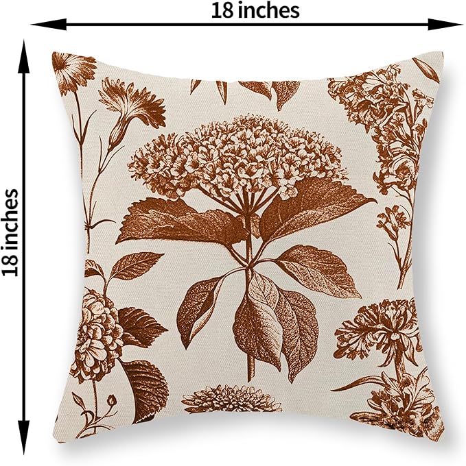 Orange Pillow Covers 18x18 Set of 2 Vintage Boho Floral Hydrangea Herbs Botanical Fall Throw Pillows Fall Outdoor Decoration Pillowcase Linen Farmhouse Cushion Case Decorative for Couch Sofa