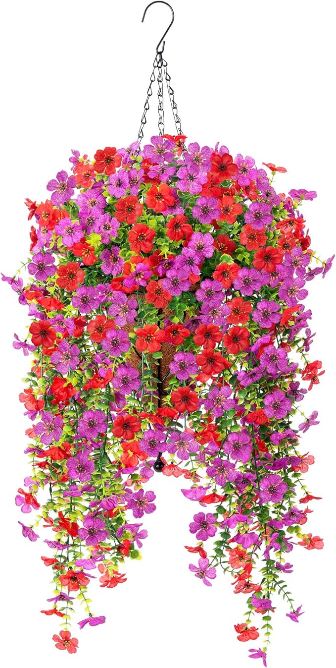 Artificial Hanging Flowers for Outdoors Faux Plants Decoration, 2 Packs Fake Silk Daisy Flower Realistic Outdoor Flowers UV Resistant Porch Patio Window Yard Outside Decor(Red Purple)