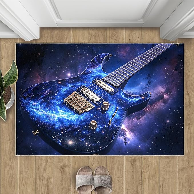 Guitar 6x8 Area Rugs for Living Room -Musical Instruments Washable Rug Starry Sky Non-Slip Carpet Indoor Floor Stain Resistant Thin Carpets for Bedroom Dining Room Home Office
